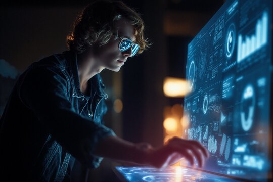 Futuristic interface interaction by young developer using augmented reality touchscreens in dark tech environment – digital innovation and high-tech concept

 - Powered by Adobe