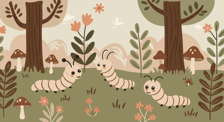 Happy Caterpillars' Gathering: An illustration of three cheerful caterpillars happily gathering in a fantasy nature scene among blooming flora, mushrooms, and trees.