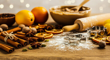 Festive baking scene with spices and cookie cutters.