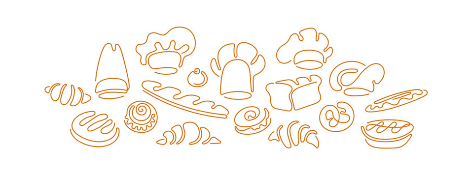 Bakery set, chef cap sign. Vector line bread, food