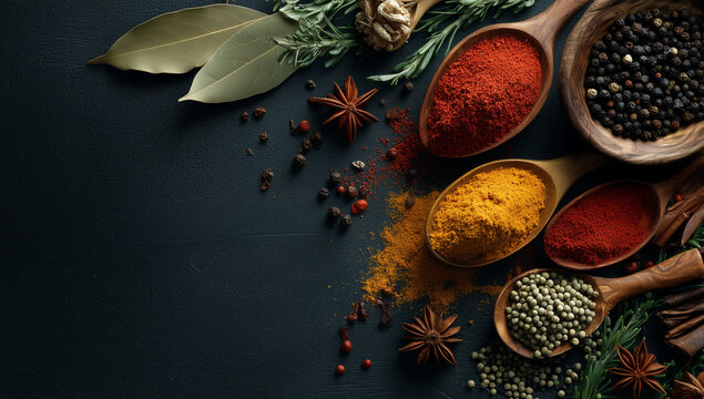 Assorted spices in wooden bowls on dark background