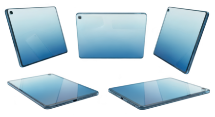 Rendered glass tablets in various angles against a clean white backdrop ideal for digital device concept and tech design visuals