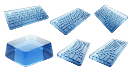 Rendered glass keyboard set displays various angles on white suitable for tech design and conceptual projects