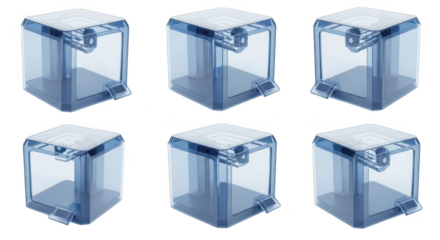 Blue transparent 3D printer array isolated on white showing various angles showcasing design concept for rapid prototyping and small-scale manufacturing