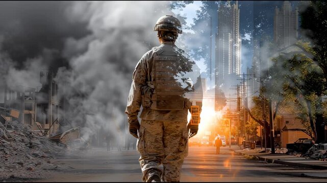 A soldier walks through a city with a lot of smoke and fire. The soldier is wearing a camouflage uniform and a helmet. The image is a mix of a soldier and a cityscape
