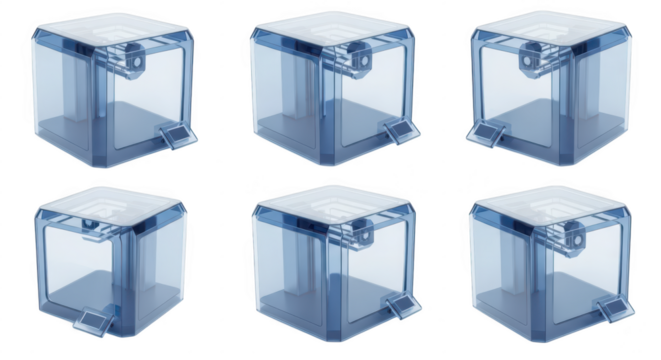 Blue transparent 3D printer array isolated on white showing various angles showcasing design concept for rapid prototyping and small-scale manufacturing
