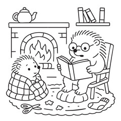 Cartoon hedgehog wearing glasses reads a book near a warm fireplace to another hedgehog wrapped in a blanket. Cozy and sweet coloring page for children.