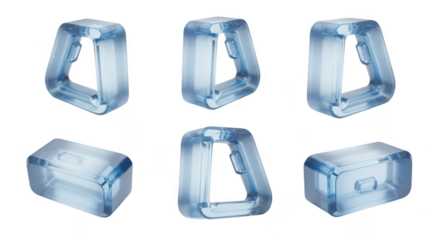 Transparent blue abstract geometric shapes in multiple angled positions on a seamless white background Ideal for modern design technology and product promotion