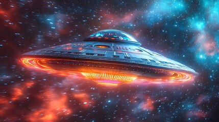 Futuristic UFO spacecraft navigating through a vibrant galactic nebula