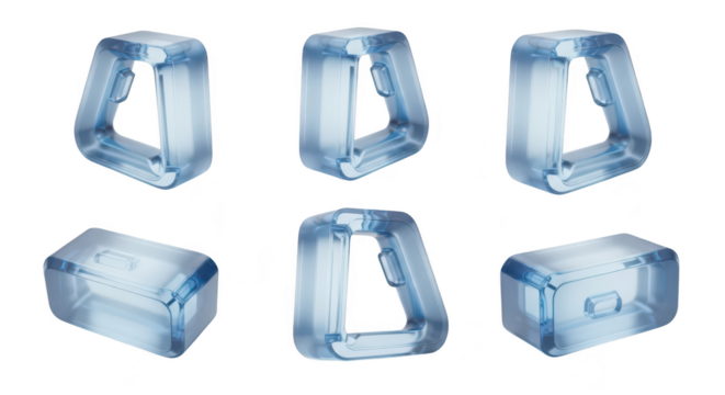 Transparent blue abstract geometric shapes in multiple angled positions on a seamless white background Ideal for modern design technology and product promotion