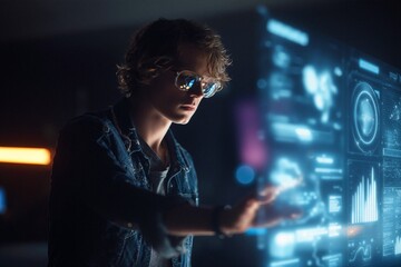 Futuristic interface interaction by young developer using augmented reality touchscreens in dark tech environment – digital innovation and high-tech concept

