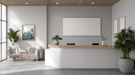 Modern reception area with natural light, minimalist design, and welcoming decor featuring plants and comfortable seating.