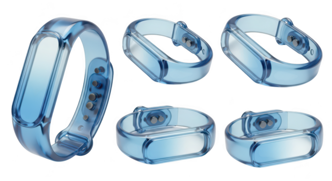 Five transparent blue wristbands displayed against white background; conceptual product photography Potential for wearable tech marketing