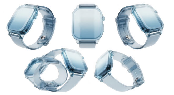 Clear smartwatch showcasing various angles on a white backdrop perfect for product presentations and tech advertising