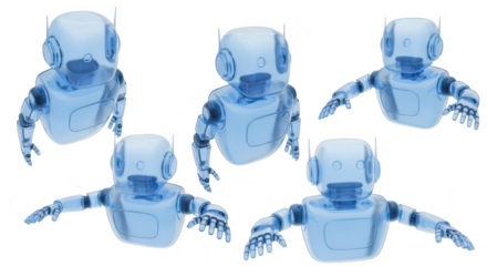 Transparent blue robots floating with outstretched arms isolated on a white background ideal for futuristic technology or AI concepts