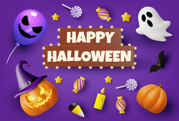 3D vector render illustration of a Halloween poster with a light sign in the center, surrounded by cute ghosts, balloons, candy, pumpkins, witches, bats, stars, and candles. Spooky and cute, fun.