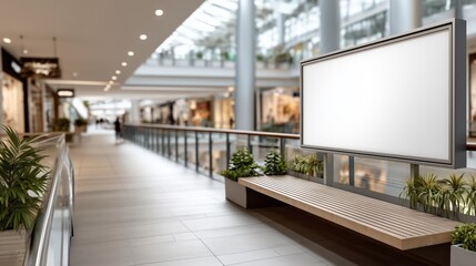 Modern shopping mall interior featuring an empty advertising display screen and elegant plants for a vibrant atmosphere.