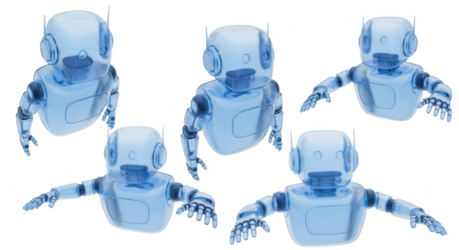 Transparent blue robots floating with outstretched arms isolated on a white background ideal for futuristic technology or AI concepts