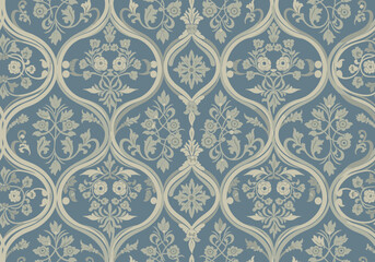 Seamless pattern with hand-drawn stylized peacock feathers, botanical flourishes, and abstract florals in elegant vector style, peacock blue and white on deep navy for heritage-inspired decor 