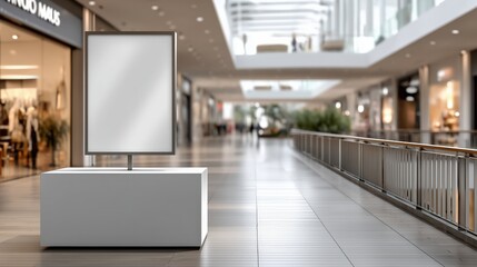 Modern shopping mall interior with a blank advertising stand, showcasing a sleek and spacious retail environment.