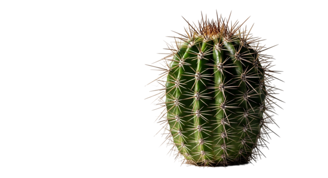 A detailed close-up photograph showcasing a single, round cactus with many visible spines. The image is simple and minimalist, suitable for various  