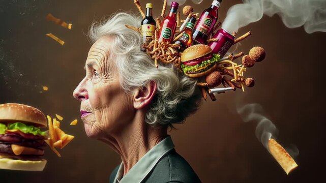 AI generated closeup of head of senior Caucasian lady with grey hair, cravings of unhealthy food exploding in brain. Images of burgers, alcohol, cigarettes floating in air, making swallowing movements