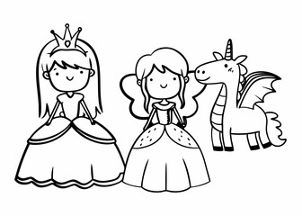 Fototapeta premium Line art of fairytale princesses and fantasy creatures like unicorns and dragons, cute style, no color, outlined illustration for children coloring book