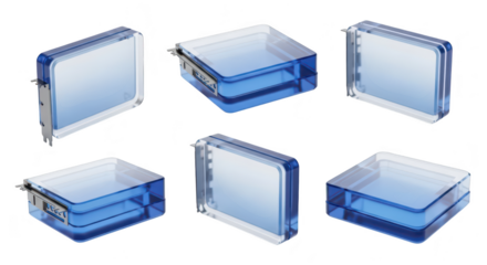 Multiple views of transparent blue hard drives are displayed on a plain white background suitable for illustrating data storage concepts