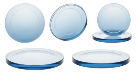 Transparent glass spheres and plates arranged and displayed on white for visual representation showing different angles and levels for artistic design