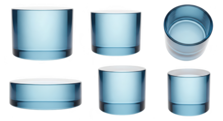 Various views of blue translucent cylinder jars with white tops isolated on white used for cosmetics or skincare packaging
