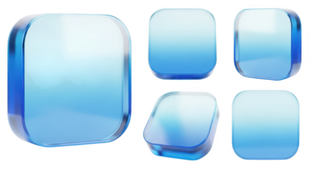 Blue translucent glassy button icons on a white background designed for website or app interface elements