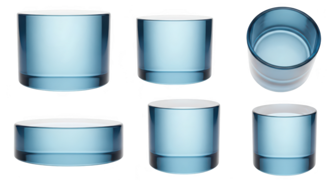 Various views of blue translucent cylinder jars with white tops isolated on white used for cosmetics or skincare packaging