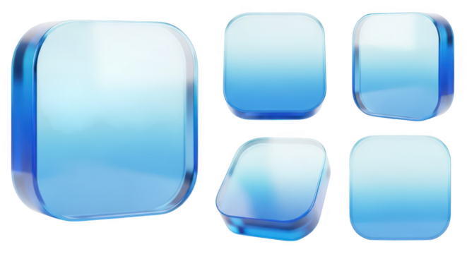 Blue translucent glassy button icons on a white background designed for website or app interface elements