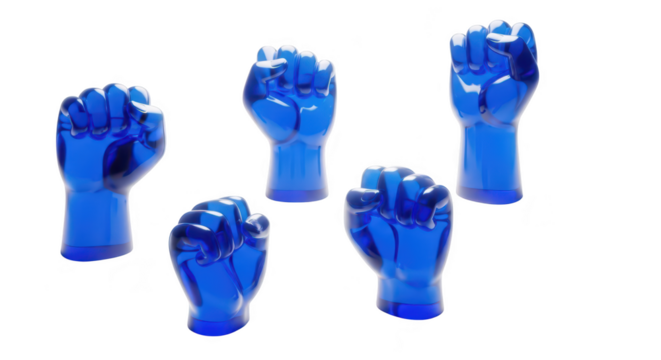 Five translucent blue fists raised symbolizing unity or strength against a plain white background usable for concepts of power or cooperation