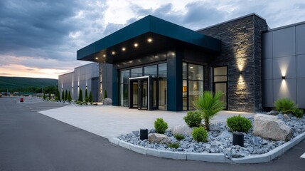 Modern Supermarket Exterior with Clean Parking Area at Dusk