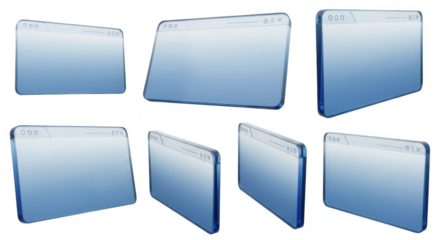 Rendered transparent browser windows float in various orientations against a white background useful for website UI/UX design or digital concept illustrations
