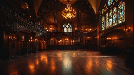 Grand Hall Interior with Stained Glass and Wood Floor