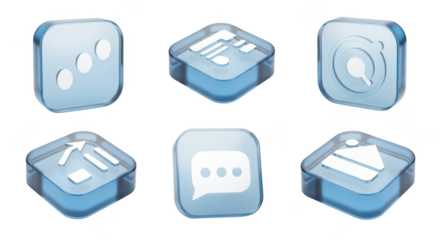 Six translucent blue abstract icons on a white backdrop representing digital communication or data elements for UI/UX design and online interfaces