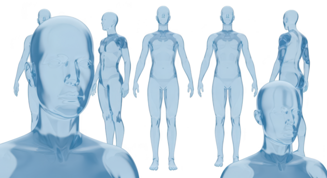 Transparent human figures displayed showing internal structure on a white backdrop; suitable for medical or scientific illustrations