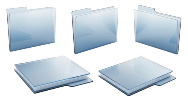 Transparent folders arranged on a white surface representing data storage and organization