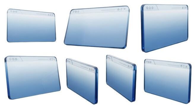 Rendered transparent browser windows float in various orientations against a white background useful for website UI/UX design or digital concept illustrations