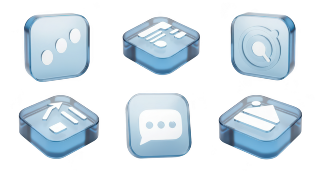 Six translucent blue abstract icons on a white backdrop representing digital communication or data elements for UI/UX design and online interfaces - Powered by Adobe