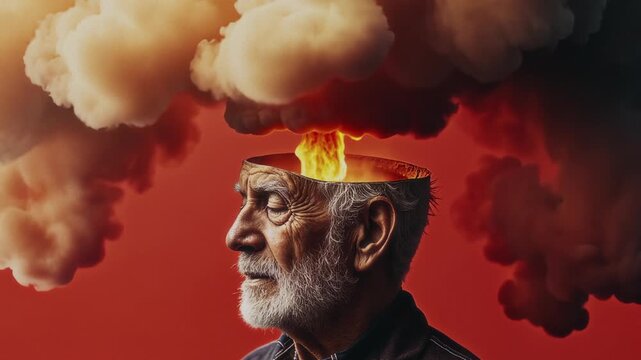 AI generated side closeup of face of elderly Asian man with nuclear explosion appearing inside his mind, with fire, mushroom cloud, haunted by memories of atomic bombing during World War