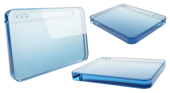 Transparent blue web browser icons floating multiple angles white background representing internet UI UX concept web design possibilities