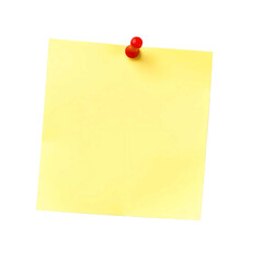 Yellow paper note with red push pin isolated on transparent background