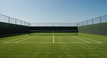 Pristine green tennis court with a clear blue sky, perfectly marked and ready for a championship match.