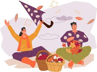 Autumn card and banner template for sale with man and woman enjoying weather. Autumn card design.