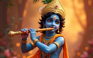 Lord Krishna playing bansuri flute in Happy Janmashtami festival background of India. High quality