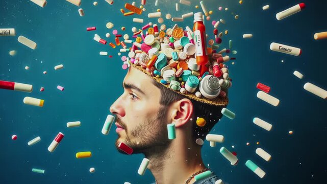 AI generative side closeup of head of Caucasian man addicted to prescription medications, exploding with images of various pills, drugs, vitamins, antidepressants, painkillers, on blue background