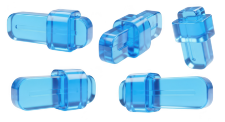 Transparent blue crystal pill shapes on a white backdrop representing medical capsules and illustrating pharmaceutical concepts